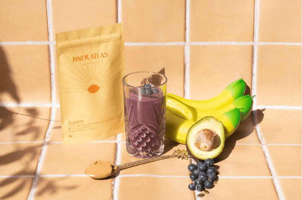 Inner Atlas Smoothie Recipe Dawn Blend with Medicinal Mushrooms Cordyceps and Turkey Tail | medicinal mushrooms | reishi mushroom | chaga mushroom | turkey tail mushroom | lions mane australia